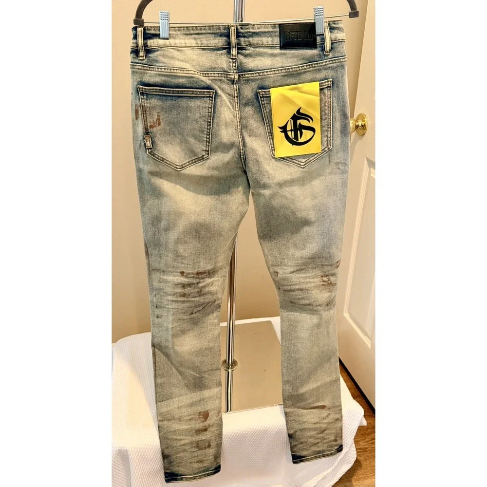 GFTD LA Men's Skinny Fit Button Fly Distressed Denim SAMPLE Jeans Size 34x32